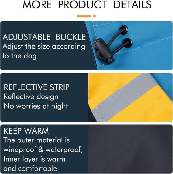 Dog Rain Coat, Waterproof Wind‑Proof Winter Dog Jacket with Reflective Stripes, for Small & Medium Dogs, Blue‑Black, Size XXL