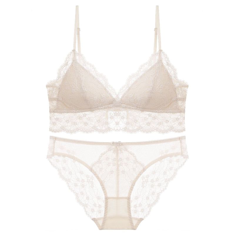 Sexy Lace Bra Set For Women French Style Thin Strap Backless Triangle Cup Wireless - Skin Color Set - M