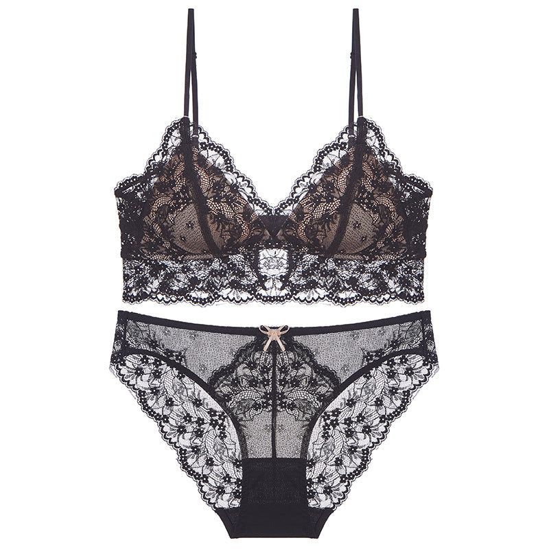 Sexy Lace Bra Set For Women French Style Thin Strap Backless Triangle Cup Wireless - Black Contrast Skin Set - M