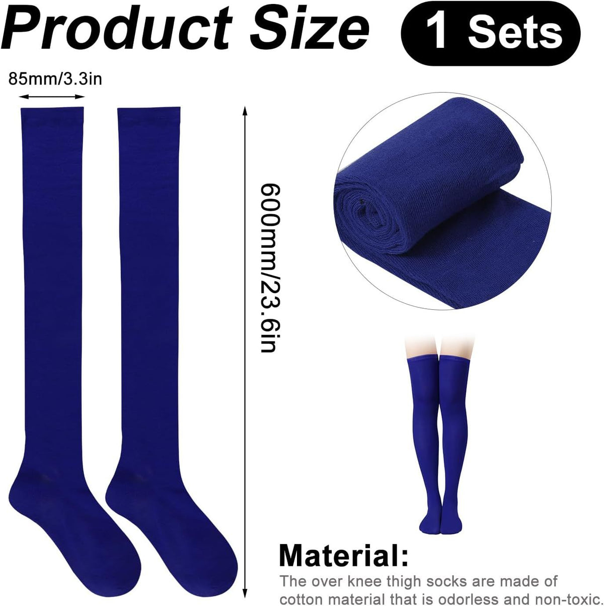 1 Pair Thigh High Socks Cotton Soft Knee Long Stockings Leg Warmers For Women Girls Christmas Cosplay (Royal Blue) 23.6Inch