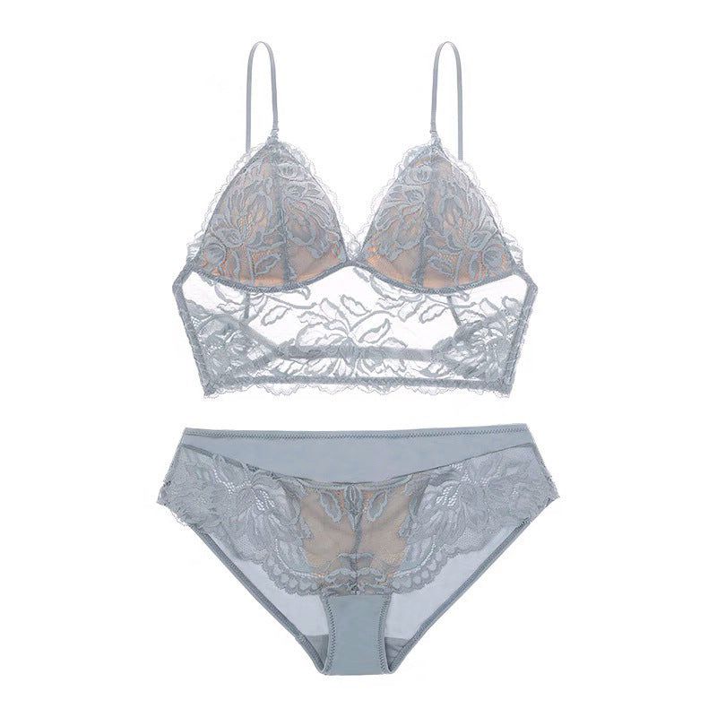 French Sexy Lace Underwear Thin Non Wired Triangle Cup Bra Shape Backless Set - Gray Blue - M