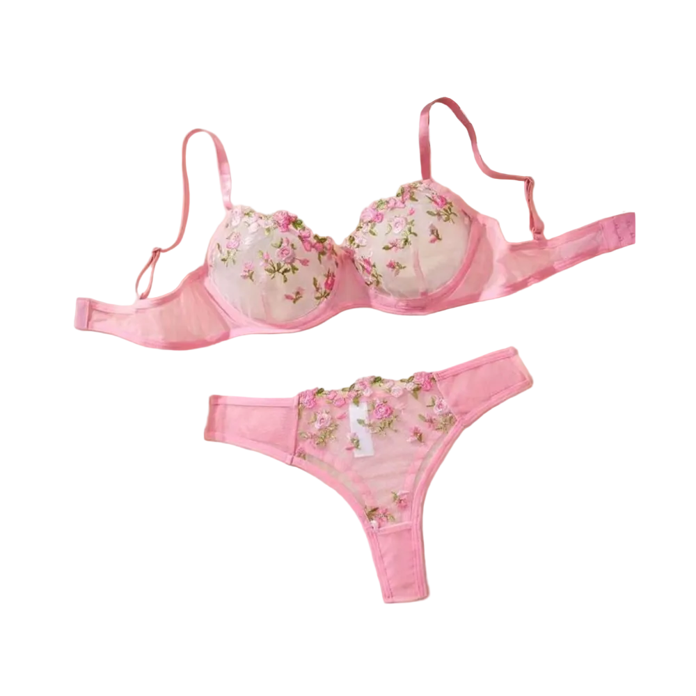 House Of Dasein Women's Intimates Sweet And Sexy Low Waist Floral Embroidery Mesh Transparent Lingerie Two-Piece Set - Pink - M