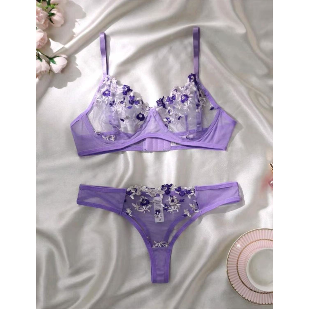 House Of Dasein Women's Intimates Sweet And Sexy Low Waist Floral Embroidery Mesh Transparent Lingerie Two-Piece Set - Purple - Xl