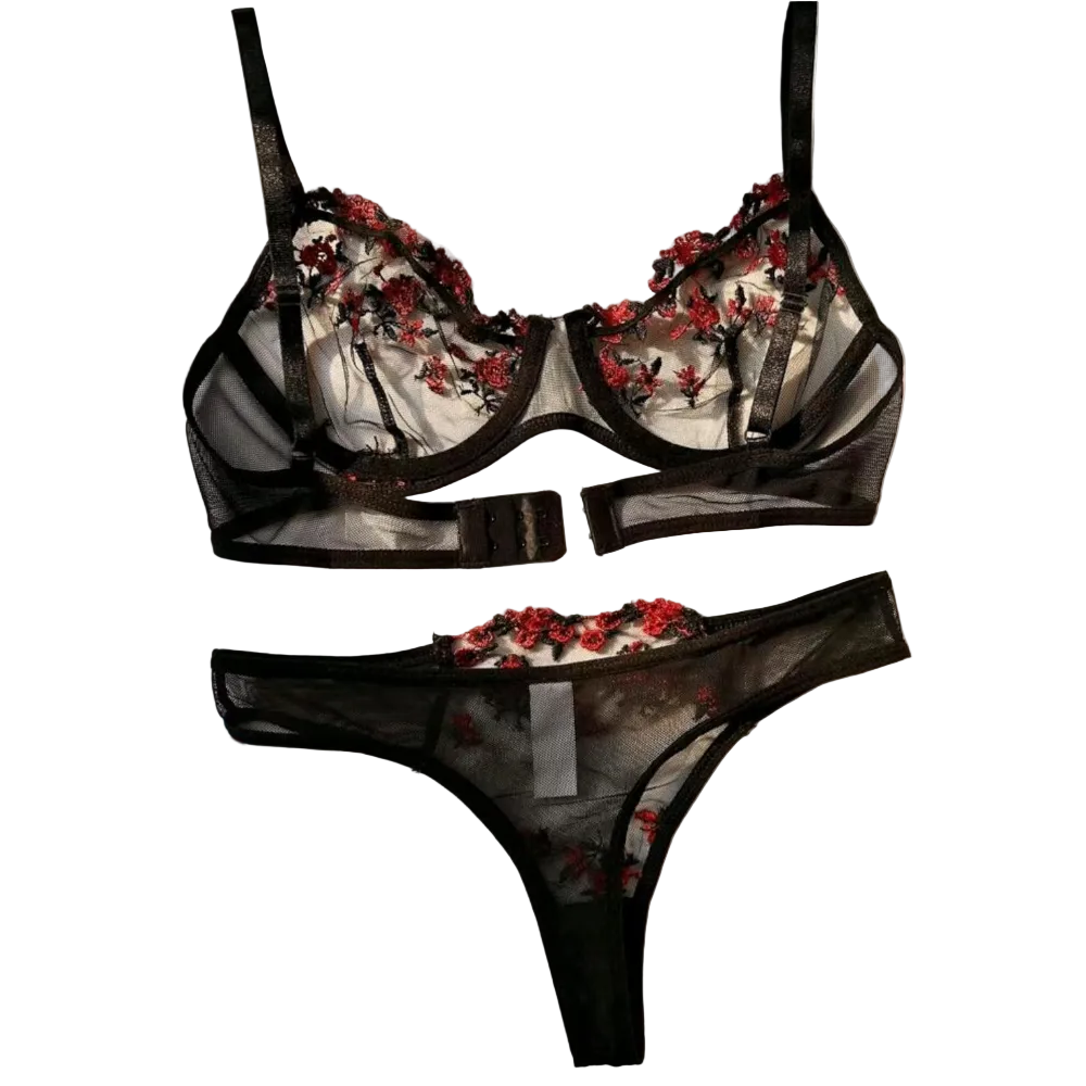 House Of Dasein Women's Intimates Sweet And Sexy Low Waist Floral Embroidery Mesh Transparent Lingerie Two-Piece Set - Black - S