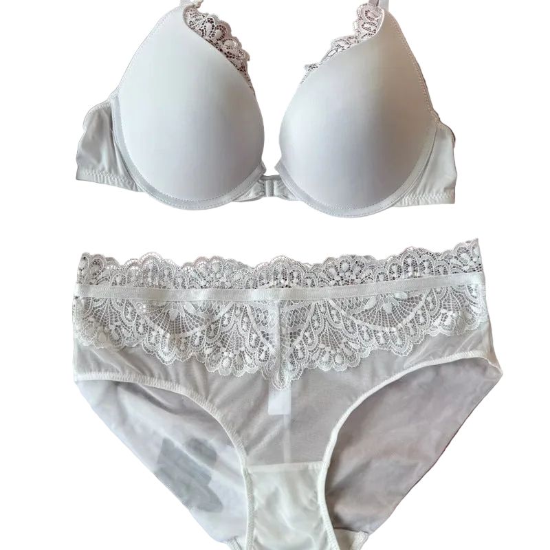 Sexy Women's Underwear Front Closure Backless Small Chest Gathering Bra Anti-Sagging Plus Size Lace Set - White - Xl