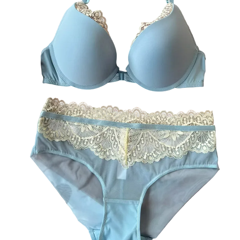 Sexy Women's Underwear Front Closure Backless Small Chest Gathering Bra Anti-Sagging Plus Size Lace Set - Sky Blue - Xl