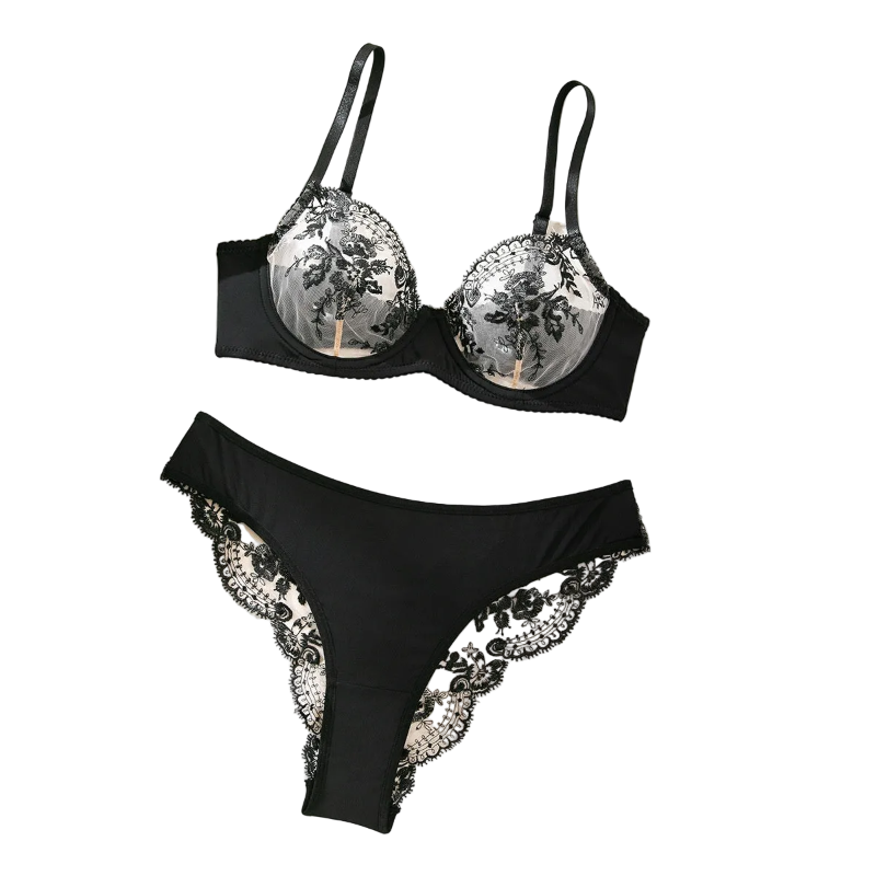 Sexy Embroidered Bra Underwear Ultra Thin Mesh Splicing Large Chest Minimizer Women's Transparent Two Piece Set - Black - S