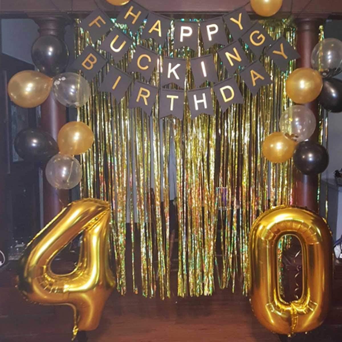 Black & White Gold Tissue Paper Tassels Garland Happy Birthday Banner - Funny 30th, 40th, 50th Party Decorations