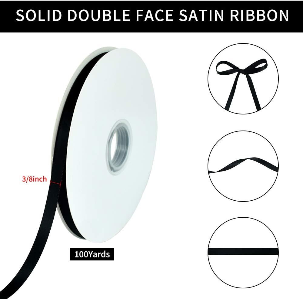 3/8 Inch x 100yds Black Satin Ribbon Thin Solid Fabric Ribbons Roll for Gift Wrapping Invitation Floral Hair Balloons Craft Sewing Party Wedding Halloween Decoration Valentine's Day Bouquet