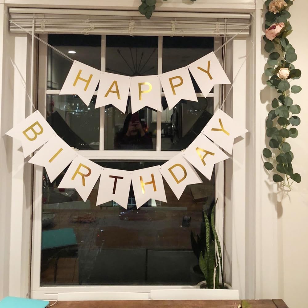 Happy Birthday Banner Birthday Party Supplies Garland Decorations Birthday Signs Nursery Hanging Decor (White)