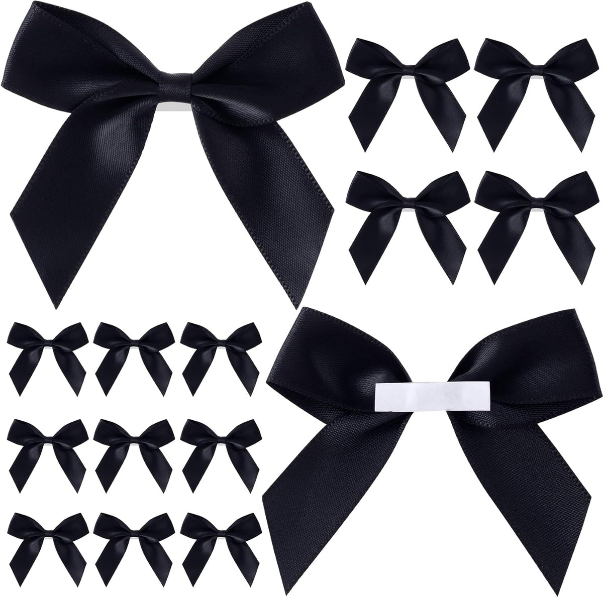 15pcs Self-Adhesive Mini Black Bows, 2.83×2.56in Premade Satin Ribbon Bows, Double-Sided Tape Stick on Bowknot Christmas Halloween DIY Wrapping Decorations for Birthday Parties Weddings