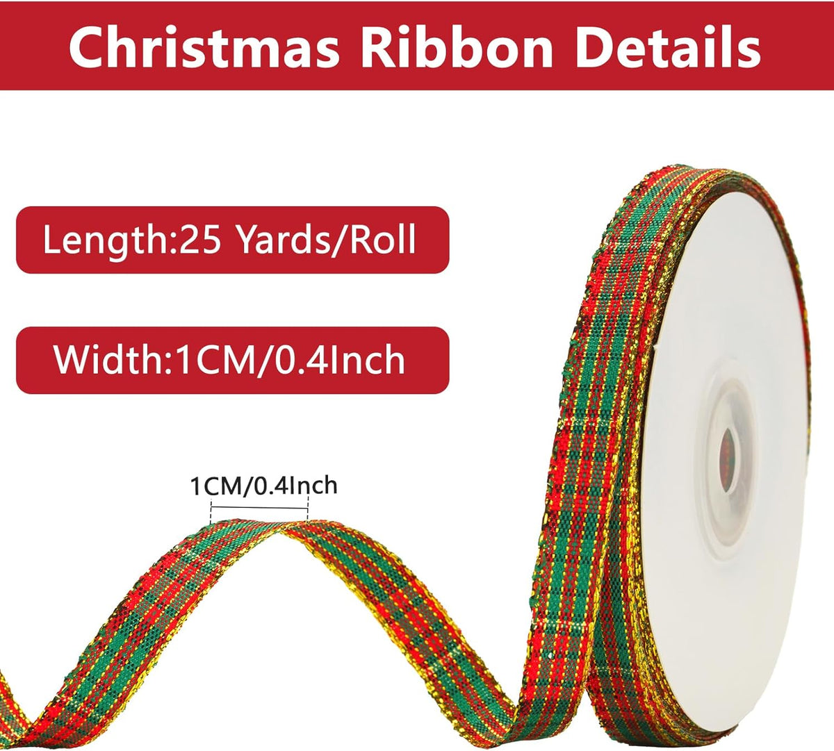 Christmas Ribbon 3/8" Red and Green Plaid Checkered Ribbon 25 Yard Tartan Gold Thread Woven Edge Gingham Ribbon for Crafts, Gift Wrapping, Wreath, Christmas Tree and Home Decoration