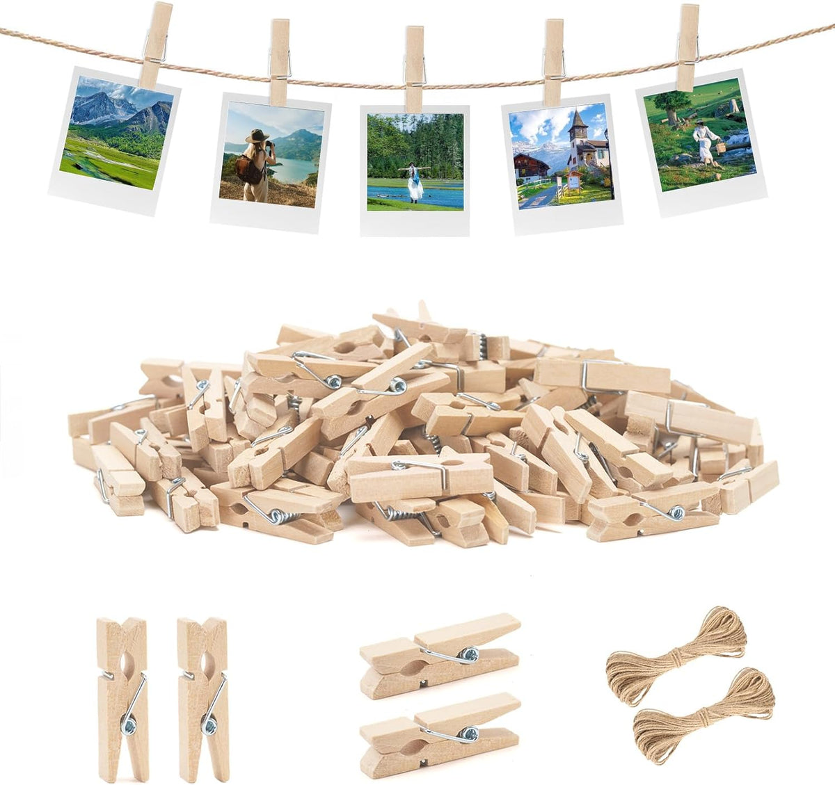 Mini Clothespins with String - 100Pcs Small Wooden Clothes Pins, Natural Brown Photo Hanging Clips, Craft Clips for Picture, Cocktails Decor, Baby Shower, Wedding
