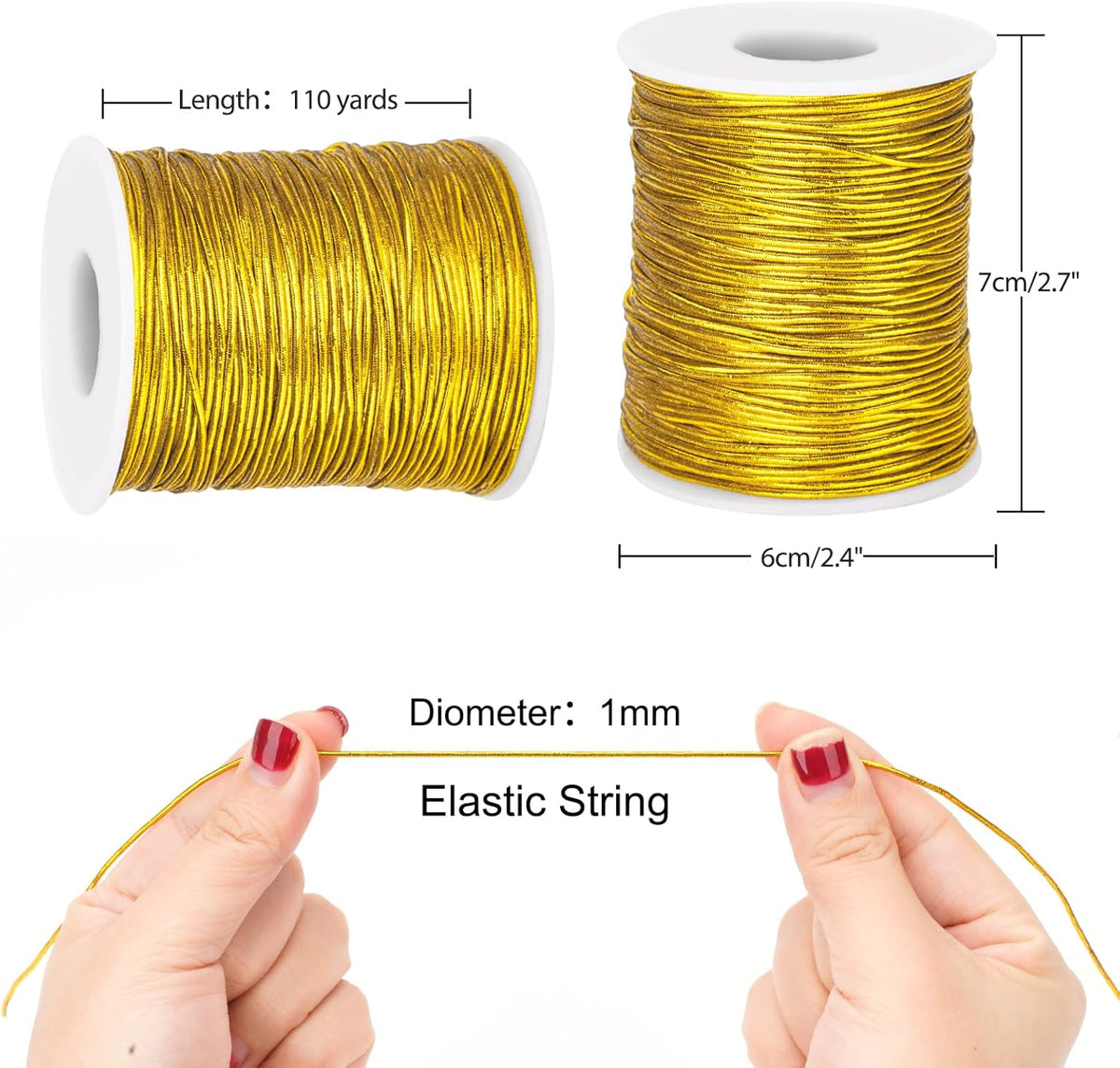 110 Yards Gold Elastic Cord - 1MM Metallic Tinsel String, Jewelry Braided Thread Stretch Gift Wrapping Cords for Bracelet Making, DIY Crafts, Christmas Decor