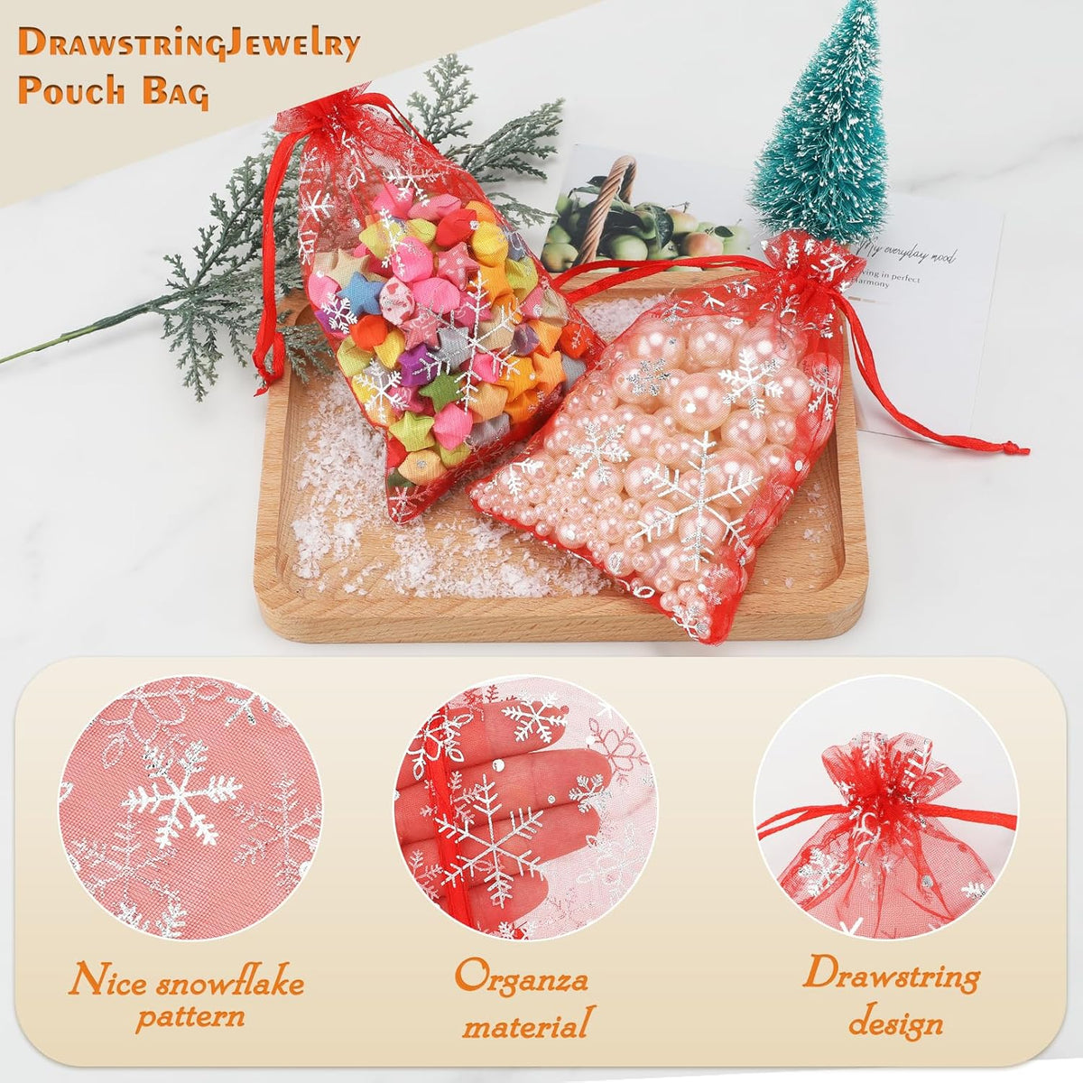 4x6 Inch Christmas Organza Bags - 50Pcs Red Snowflake Gift Bags with Drawstring, Xmas Party Favor Sheer Mesh Pouches for Winter Gift, Candy, Jewelry Bag