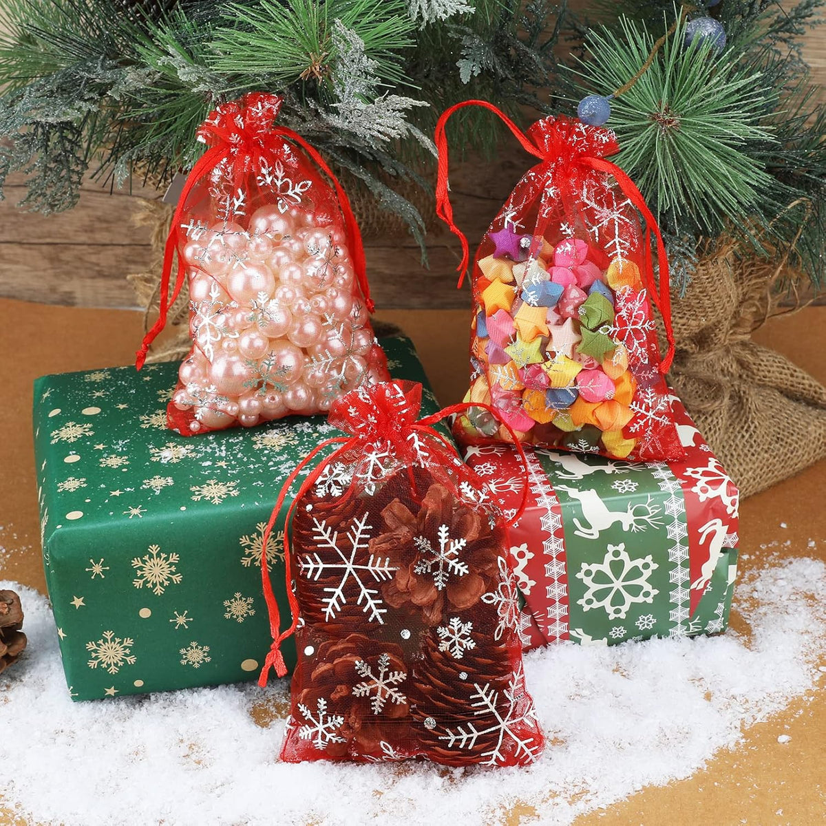 4x6 Inch Christmas Organza Bags - 50Pcs Red Snowflake Gift Bags with Drawstring, Xmas Party Favor Sheer Mesh Pouches for Winter Gift, Candy, Jewelry Bag
