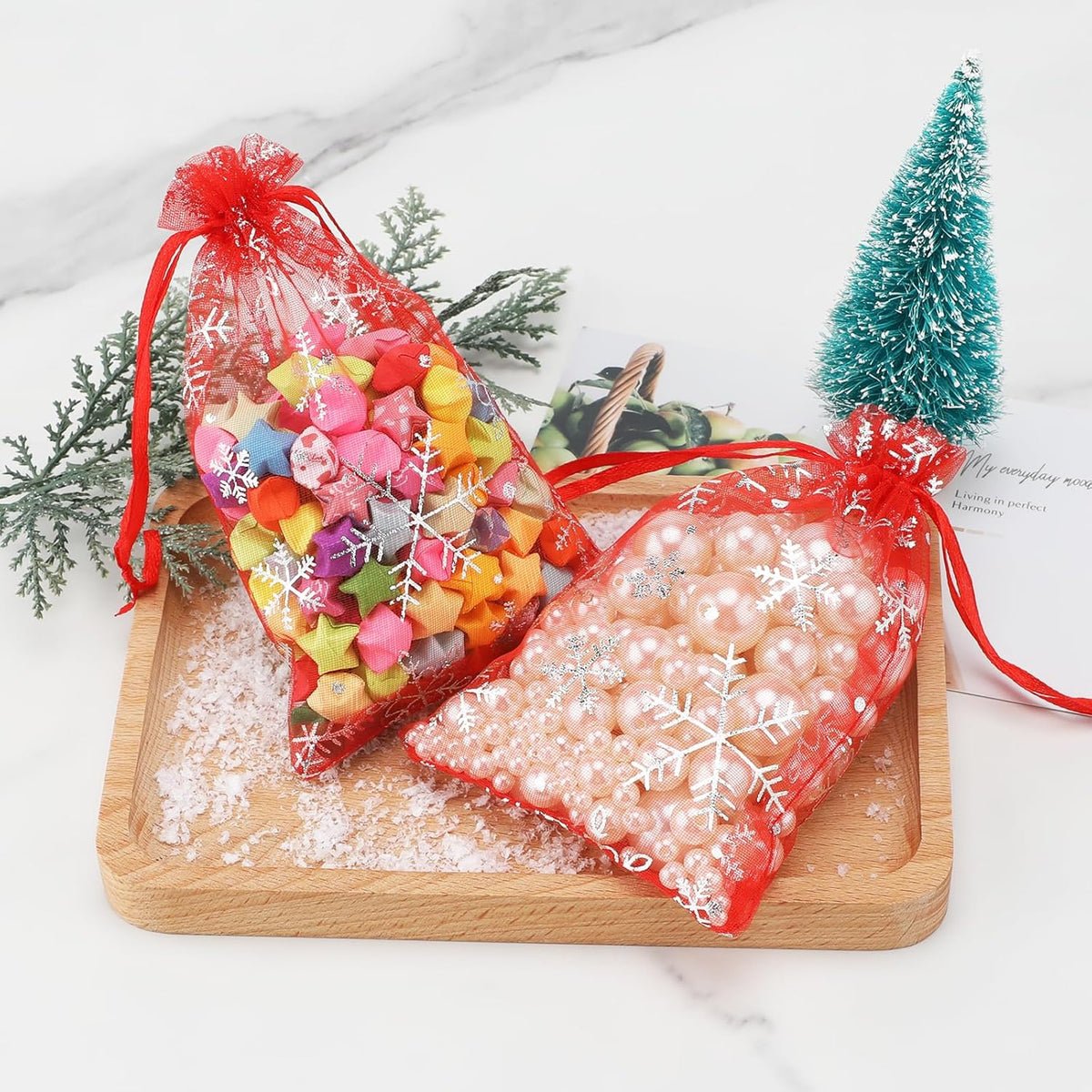 4x6 Inch Christmas Organza Bags - 50Pcs Red Snowflake Gift Bags with Drawstring, Xmas Party Favor Sheer Mesh Pouches for Winter Gift, Candy, Jewelry Bag