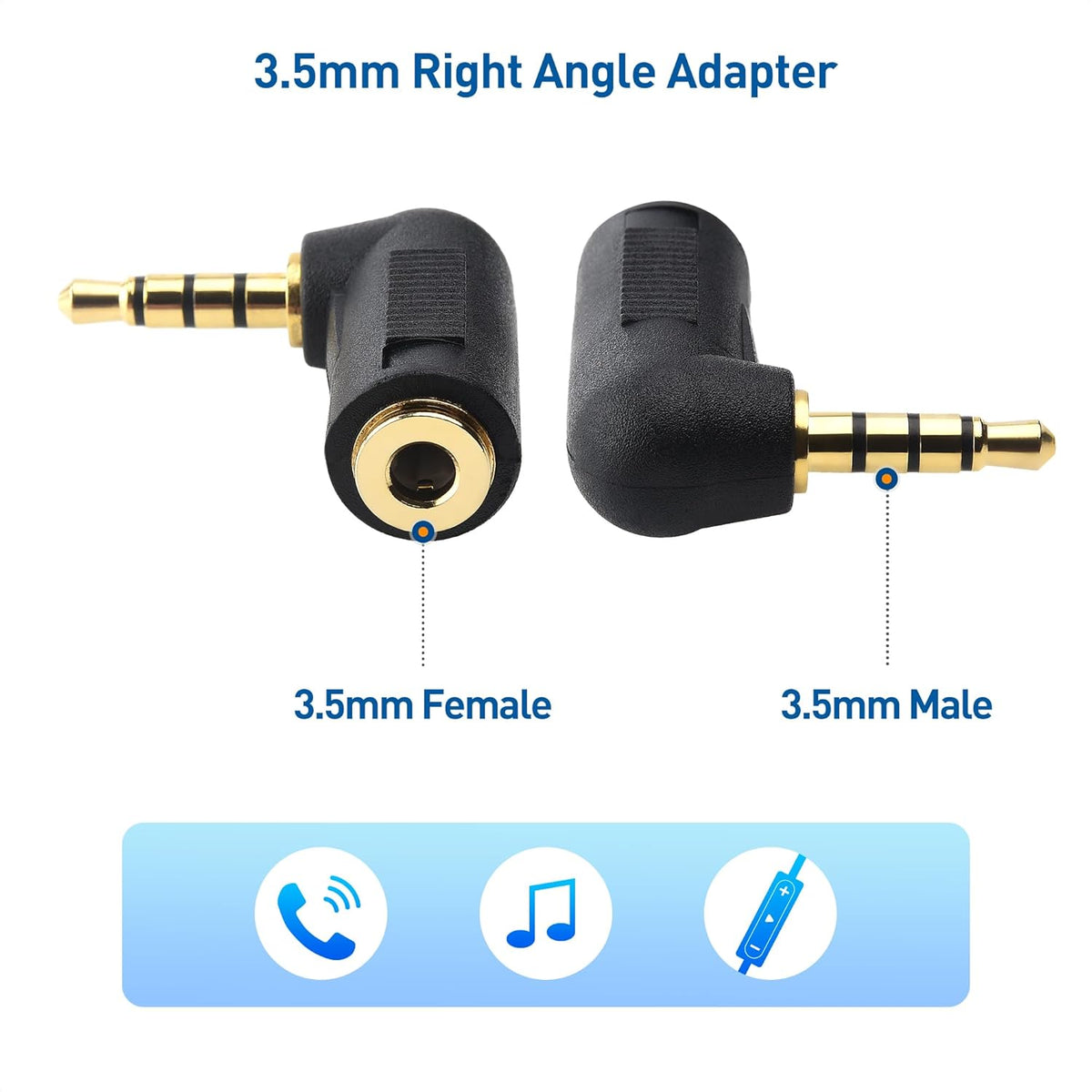 2-Pack TRRS Right Angle 3.5mm Adapter in Black (3.5mm Right Angle Adapter, 90 Degree Audio Converter)