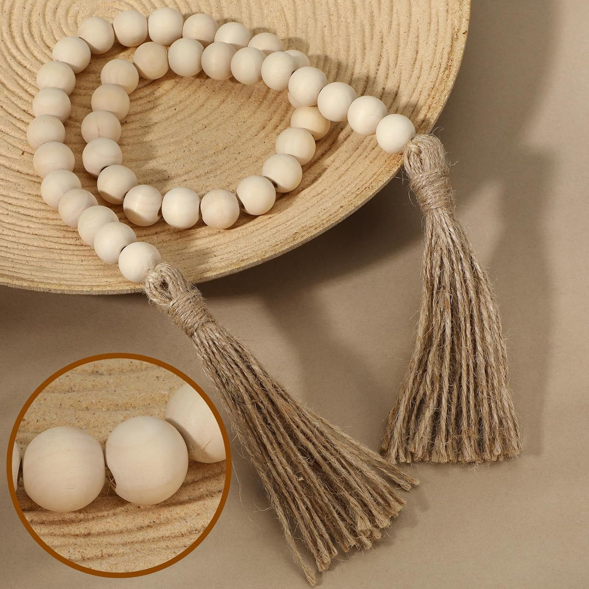 34in Farmhouse Wood Beads Garland with Tassels, Decorative Bead Home Decor Wooden Beads Garland Country Room Hanging for Wood Entryway Table, Shelf, Tray, Curtain Decor (Beige)