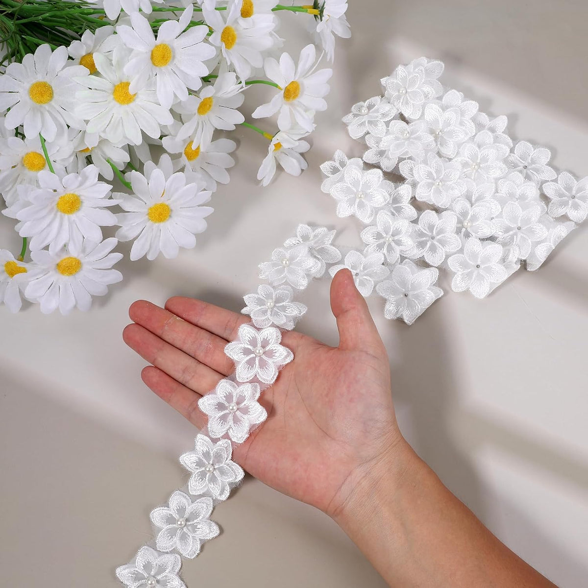 2 Yards White Flower Lace Pearl Trim, Flower Trim Ribbon 3D Pearl Beads Embroidered Floral Applique Fabric Clothes Decoration for DIY Handmade Sewing, Wedding Bridal Dresses, Crafts, Home Decor