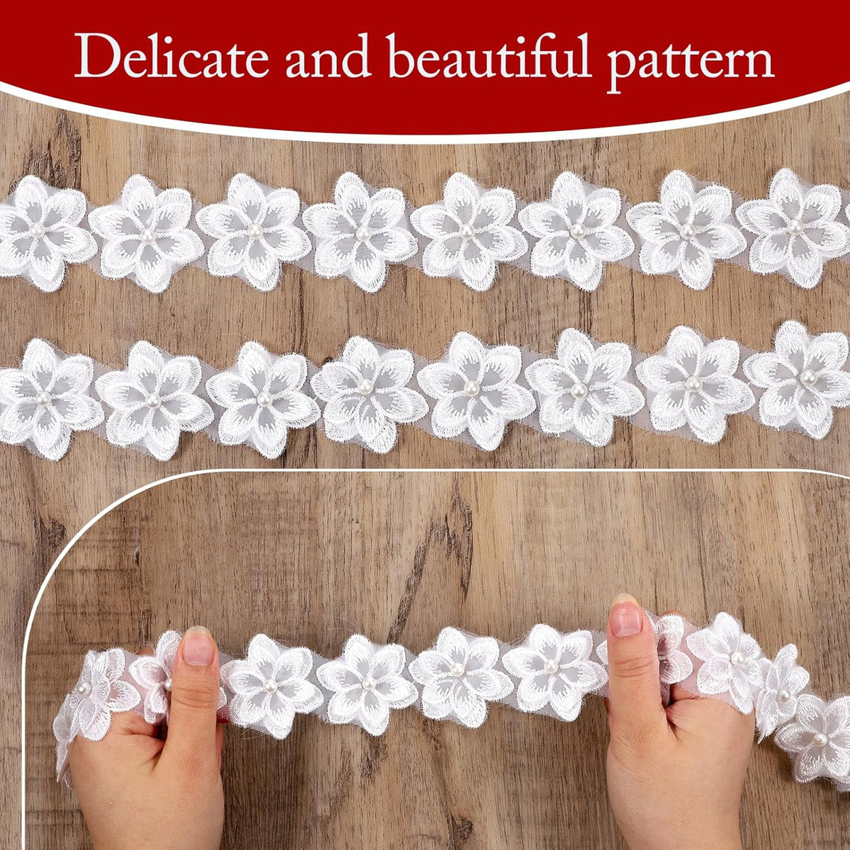 2 Yards White Flower Lace Pearl Trim, Flower Trim Ribbon 3D Pearl Beads Embroidered Floral Applique Fabric Clothes Decoration for DIY Handmade Sewing, Wedding Bridal Dresses, Crafts, Home Decor