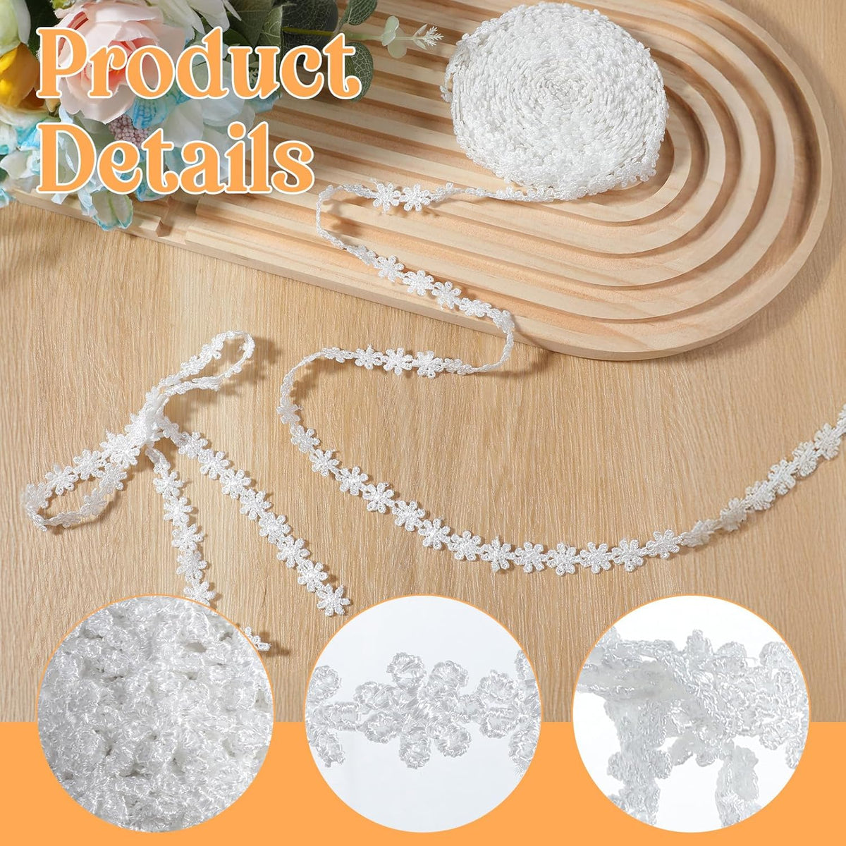 15 Yards White Lace Ribbon - 13.7m Vintange Floral Lace Trim Ribbon Cotton Embroidery Flower Trims for Handcrafts Gift Wrapping Garment Sewing Wedding Decoration