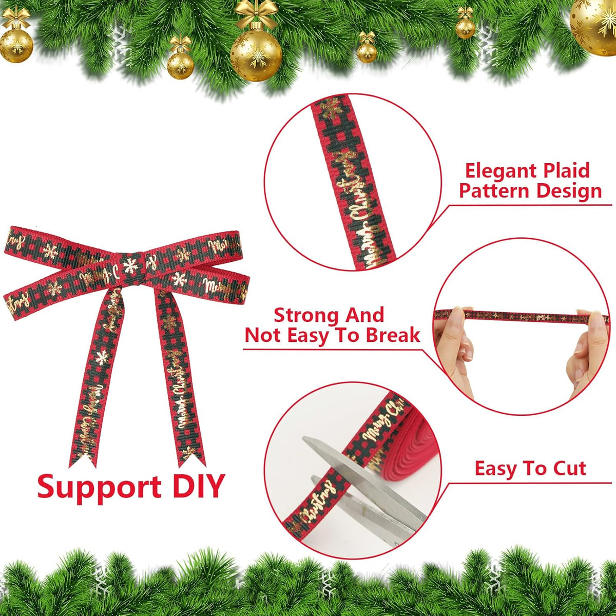 Christmas Ribbon, 3/8 Inch, 20 Yard, Red and Green Merry Wrapping Ribbon for Craft Wreath Decor Bow Flower Bouquet (2 Roll)