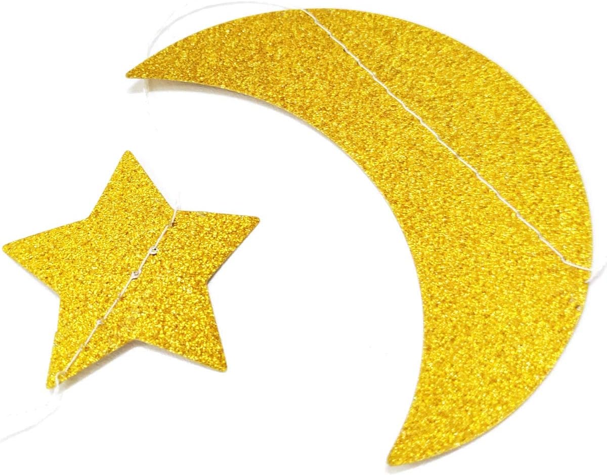 50ft Glitter Moon & Stars Garlands, 6 Pack Gold Double-Side Crescent and Twinkle Paper Hanging Decorations for Birthday Party Baby Shower Engagement Wedding Nursery Kids Room Home Bedroom