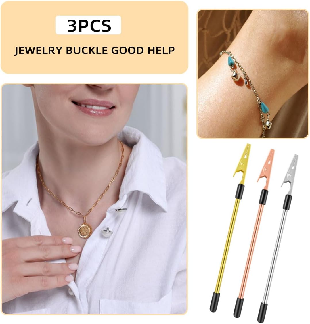 3 PCS Bracelet Helper Tool - Fastening for Watch, Necklace & Zipper Clasps Gold, Silver Rose Gold Metal Jewelry Clasp Hooking Ties