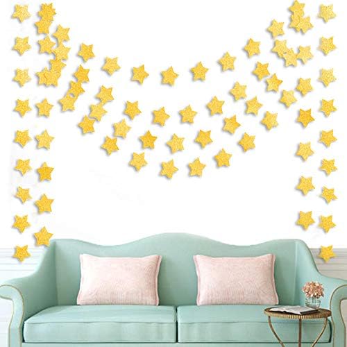 6 Pcs Gold Glitter Star Paper Garland Twinkle Bunting Banner Hanging Decorations for Christmas Birthday Party Golden Sparkling Stars Bridal Showers Wedding Baby Shower Holiday Supplies (50 Feet)