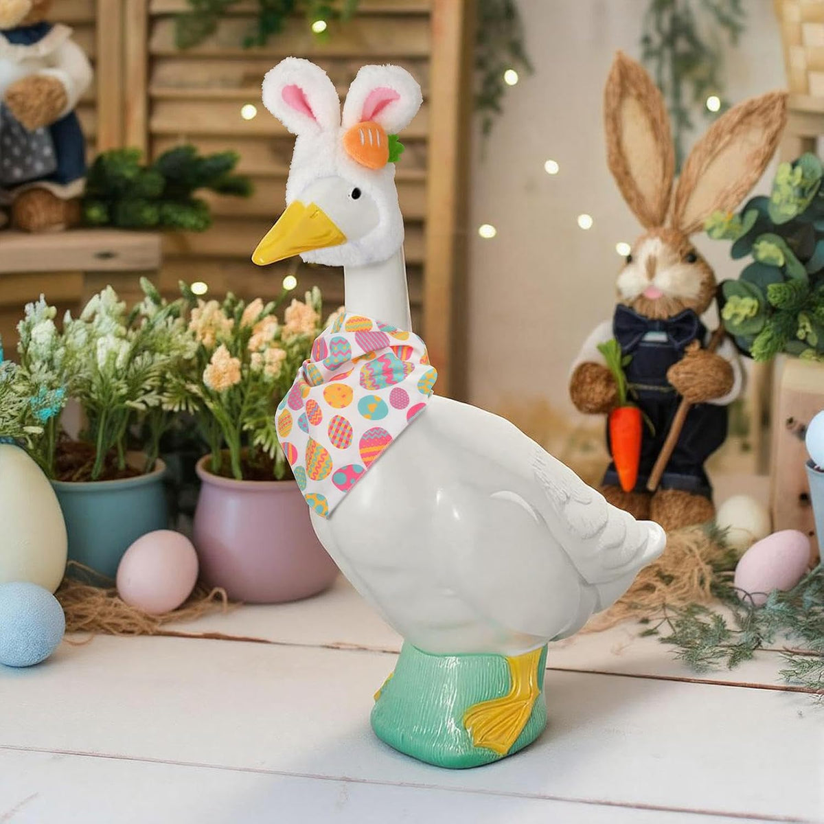 Homakover Easter Bunny Porch Goose Outfits, Easter Goose Costume Includes Bunny Ear Hat and Scarf for Cement Goose 23" H
