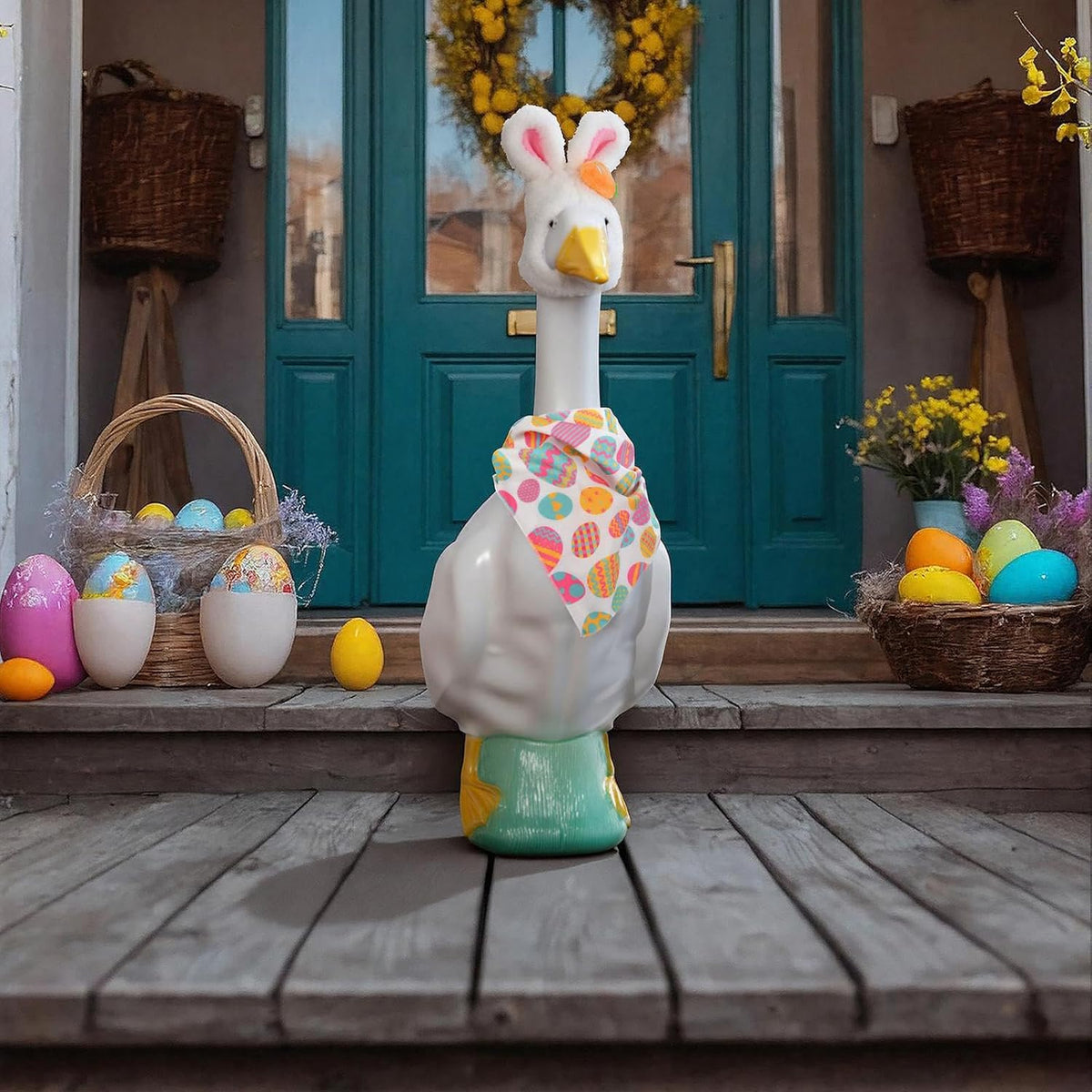 Homakover Easter Bunny Porch Goose Outfits, Easter Goose Costume Includes Bunny Ear Hat and Scarf for Cement Goose 23" H