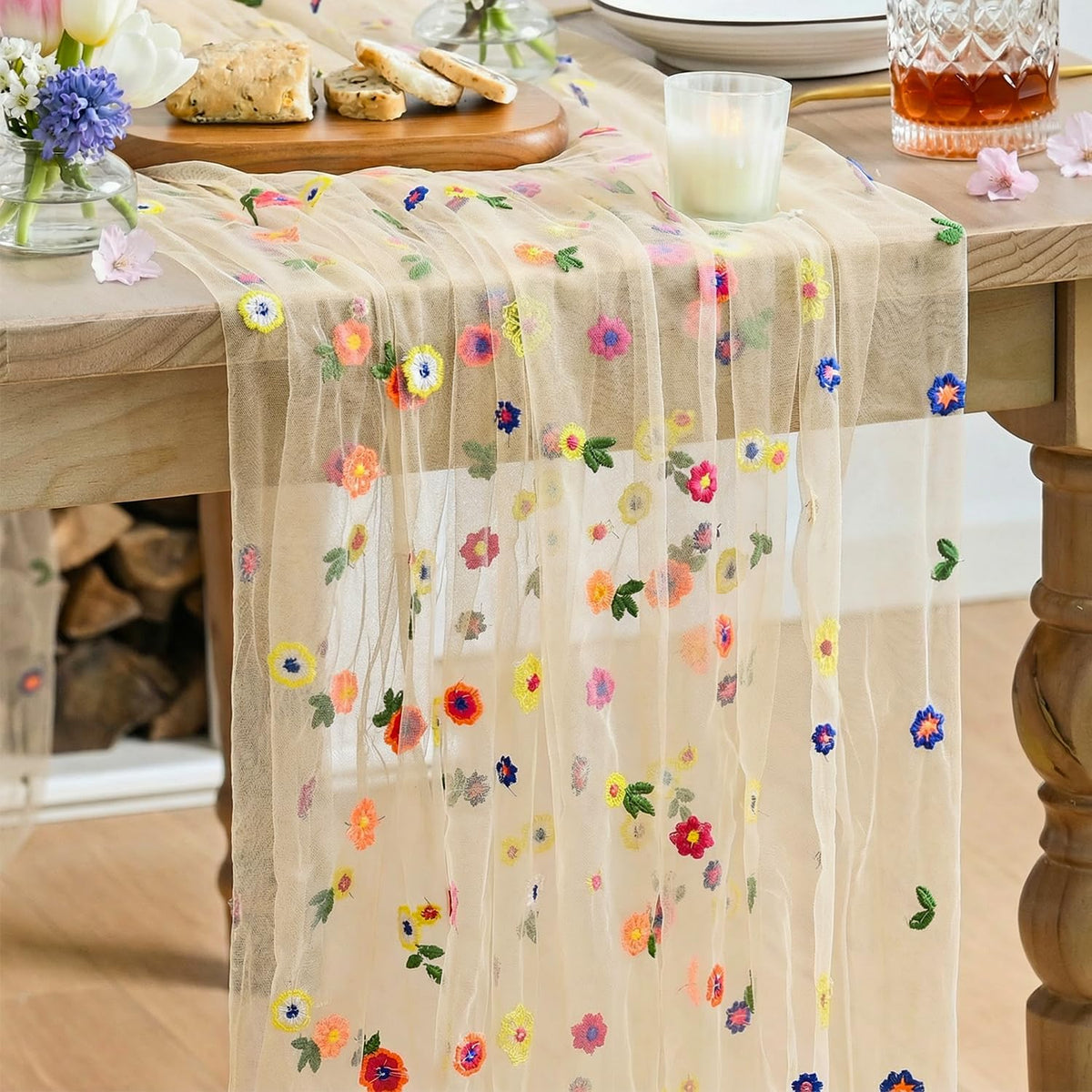 Champagne Embroidery Daisy Gauze Table Runner 120 Inch 10FT, Seasonal Sheer Kitchen Dining Holiday Wedding Birthday Table Decor for Home Party