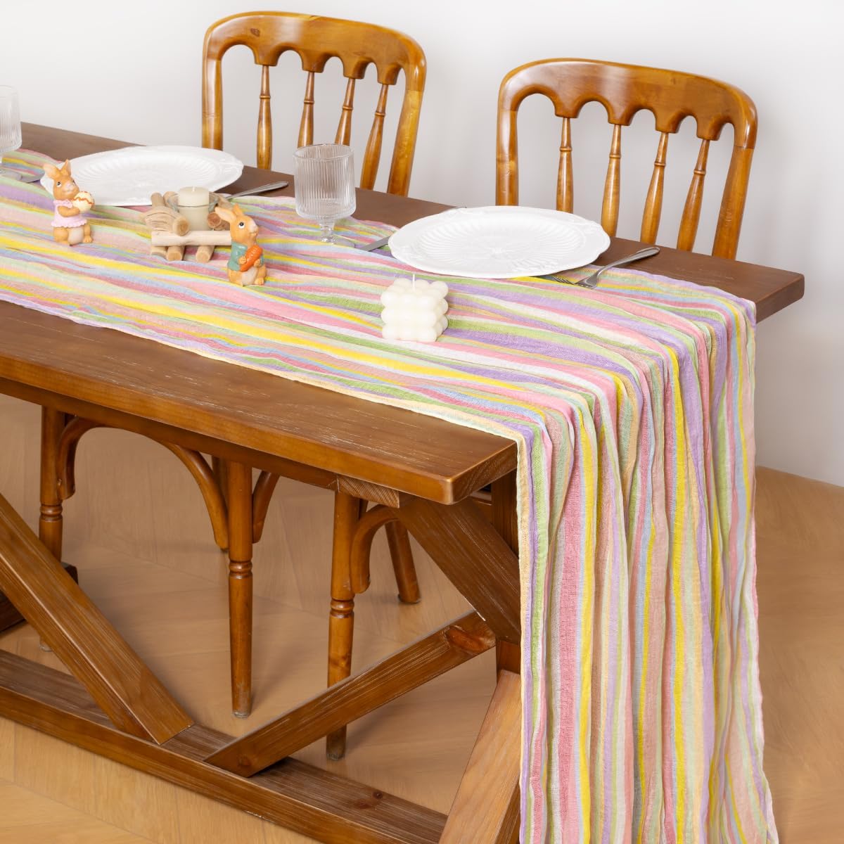 Easter Spring Table Runner Pastel Stripe Floral Cheesecloth Gauze 120 Inch Rustic Boho Cheese Cloth Runner for Wedding Party Baby Bridal Shower Decoration Holiday Home Decorations