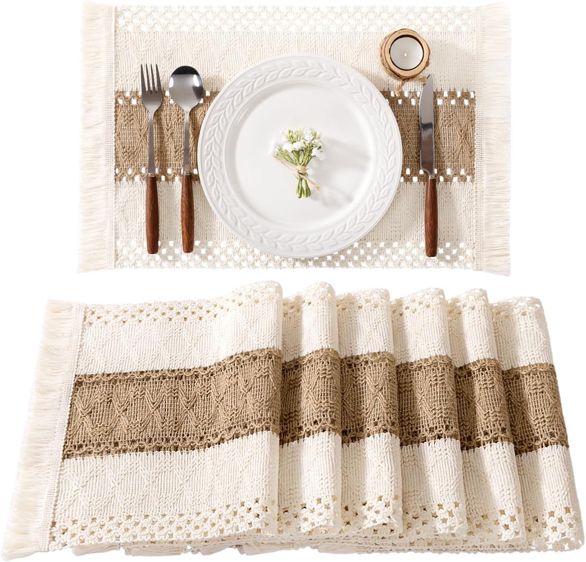 Boho Placemats Set of 6 Washable Cotton Burlap Farmhouse Table Mats Macrame Woven Dinner Table Decor Centerpiece for Party Home Decor