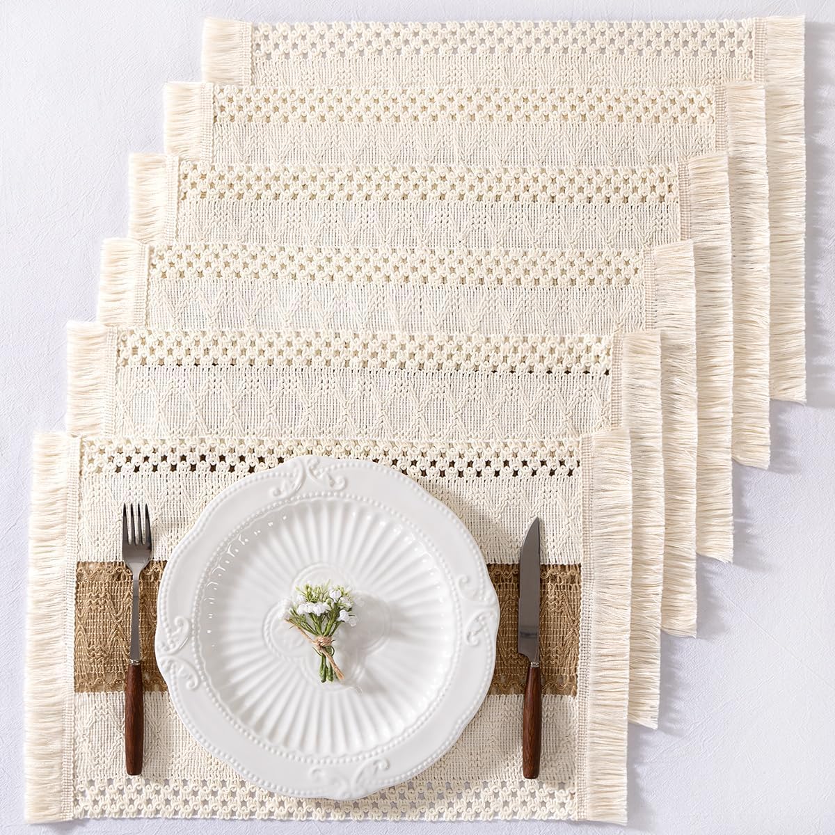 Boho Placemats Set of 6 Washable Cotton Burlap Farmhouse Table Mats Macrame Woven Dinner Table Decor Centerpiece for Party Home Decor