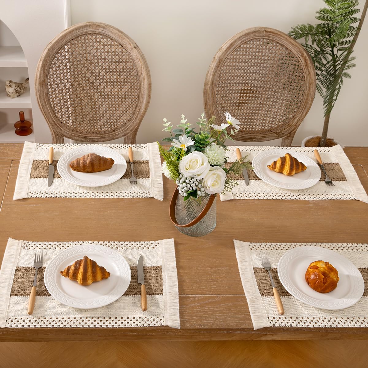 Boho Placemats Set of 6 Washable Cotton Burlap Farmhouse Table Mats Macrame Woven Dinner Table Decor Centerpiece for Party Home Decor