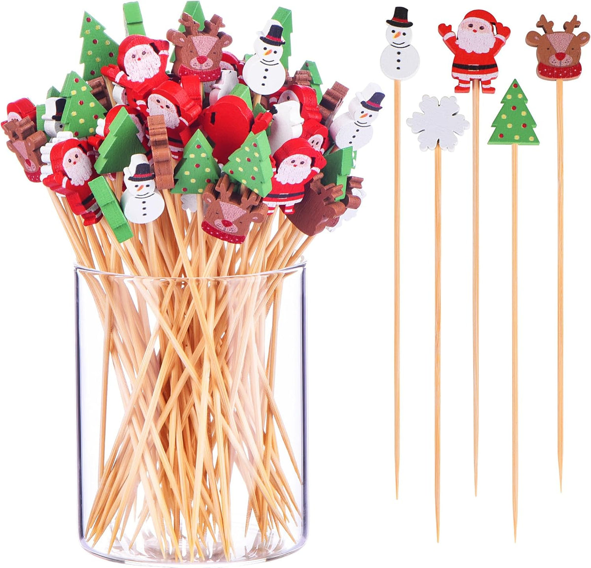 100 Pack Christmas Toothpicks for Appetizers, 4.7 Inch Natural Bamboo Cocktail Picks for Cake Dessert Food Fruit Christmas Party Decorations
