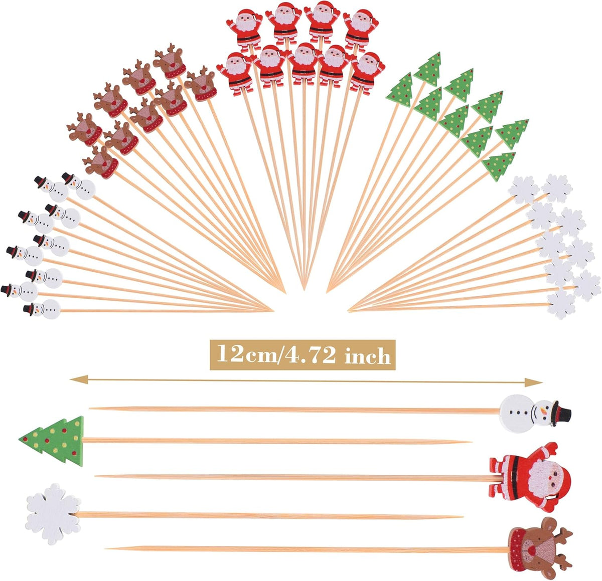 100 Pack Christmas Toothpicks for Appetizers, 4.7 Inch Natural Bamboo Cocktail Picks for Cake Dessert Food Fruit Christmas Party Decorations