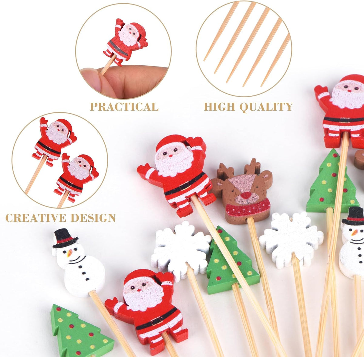 100 Pack Christmas Toothpicks for Appetizers, 4.7 Inch Natural Bamboo Cocktail Picks for Cake Dessert Food Fruit Christmas Party Decorations