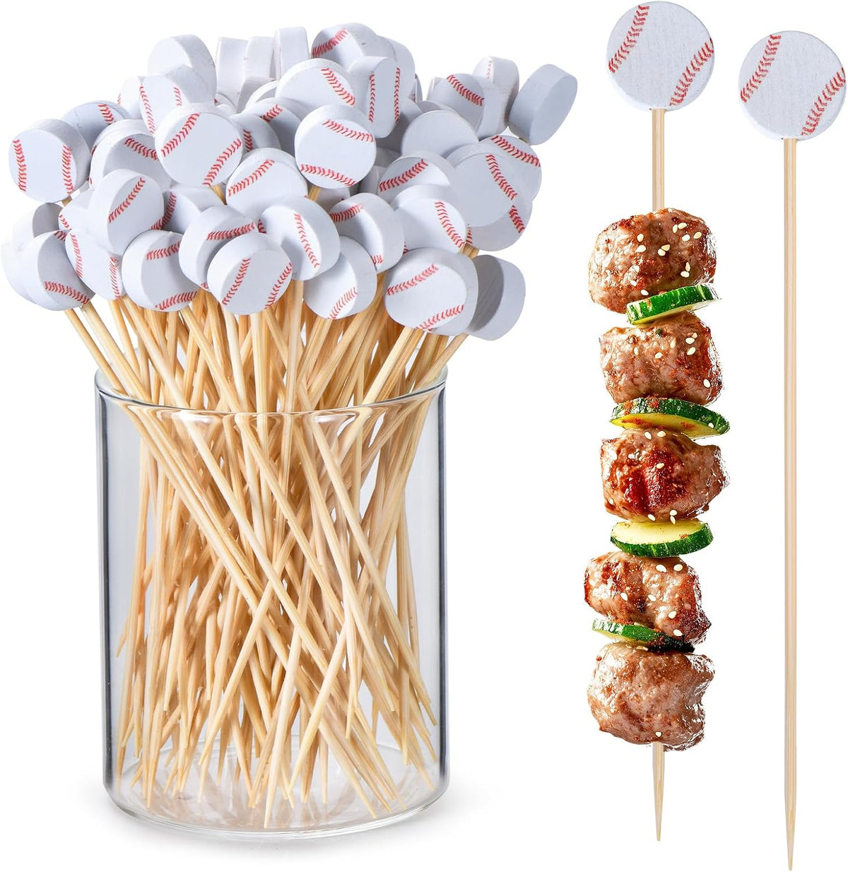 100 Pack Baseball Toothpicks, 4.7 Inch Bamboo Cocktail Picks, Bamboo Toothpicks for Sports Catered Event Birthday Themed Party Decorations