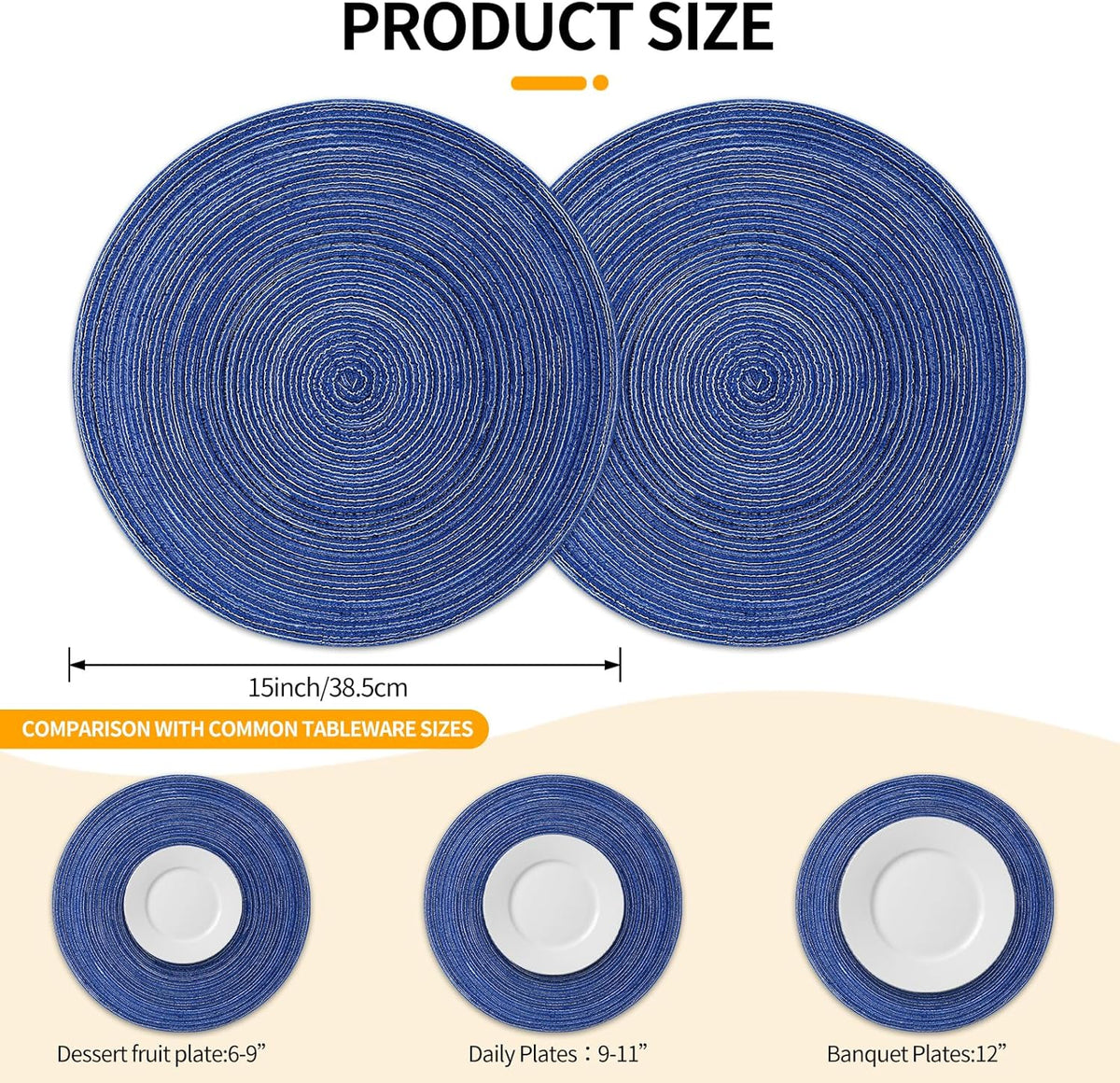 Round Braided Placemats 15inch, Placemats Set of 4 Non-Slip, Round Placemats Heat Resistant, Woven Placemats for Kitchen Dining Tables-Dark Blue Color