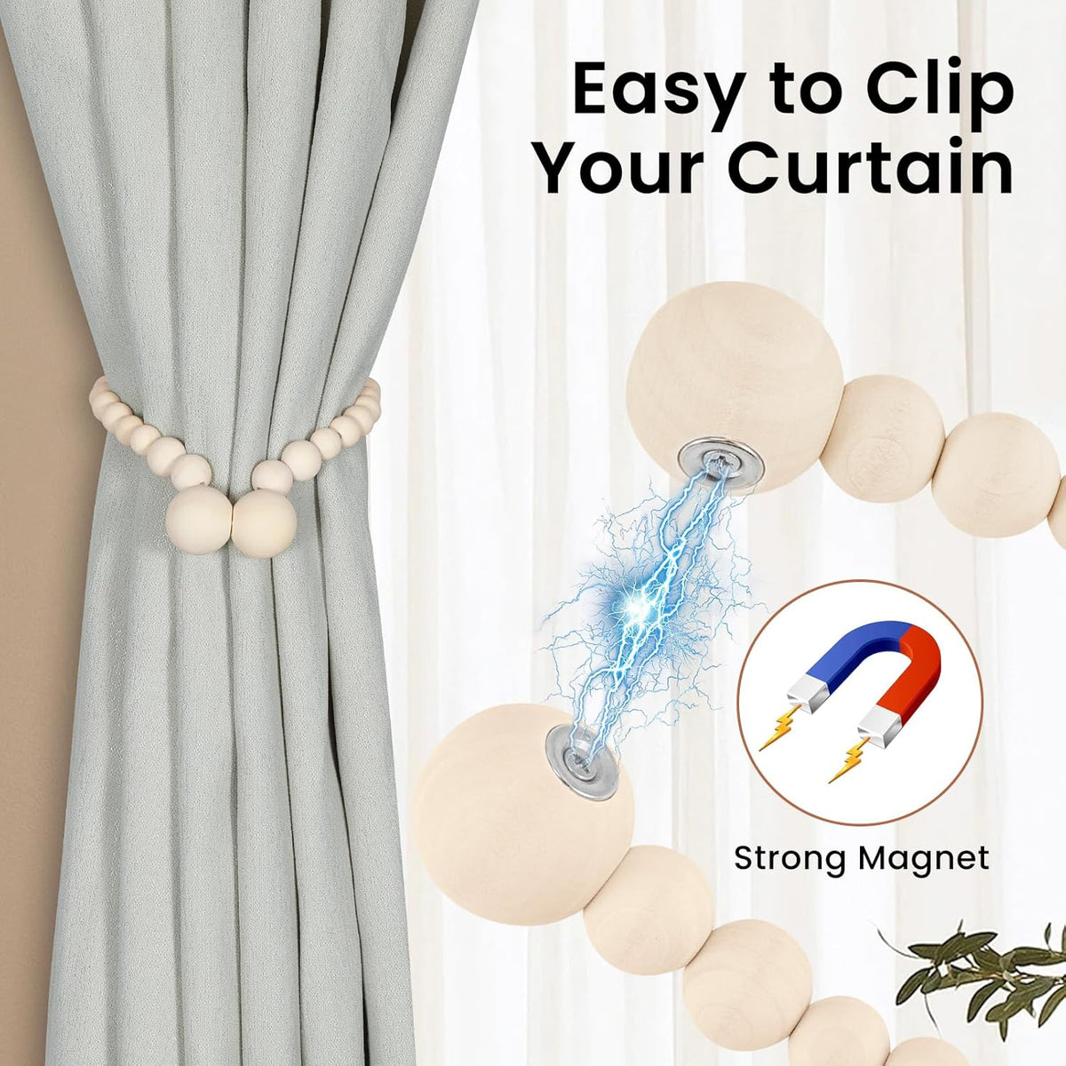 Magnetic Curtain Tiebacks, Curtain Holdbacks for Curtains 2 Pack, Wood Bead Curtain Holders for Boho Bedroom Decor, Baby Nursery Decor, Farmhouse Decor
