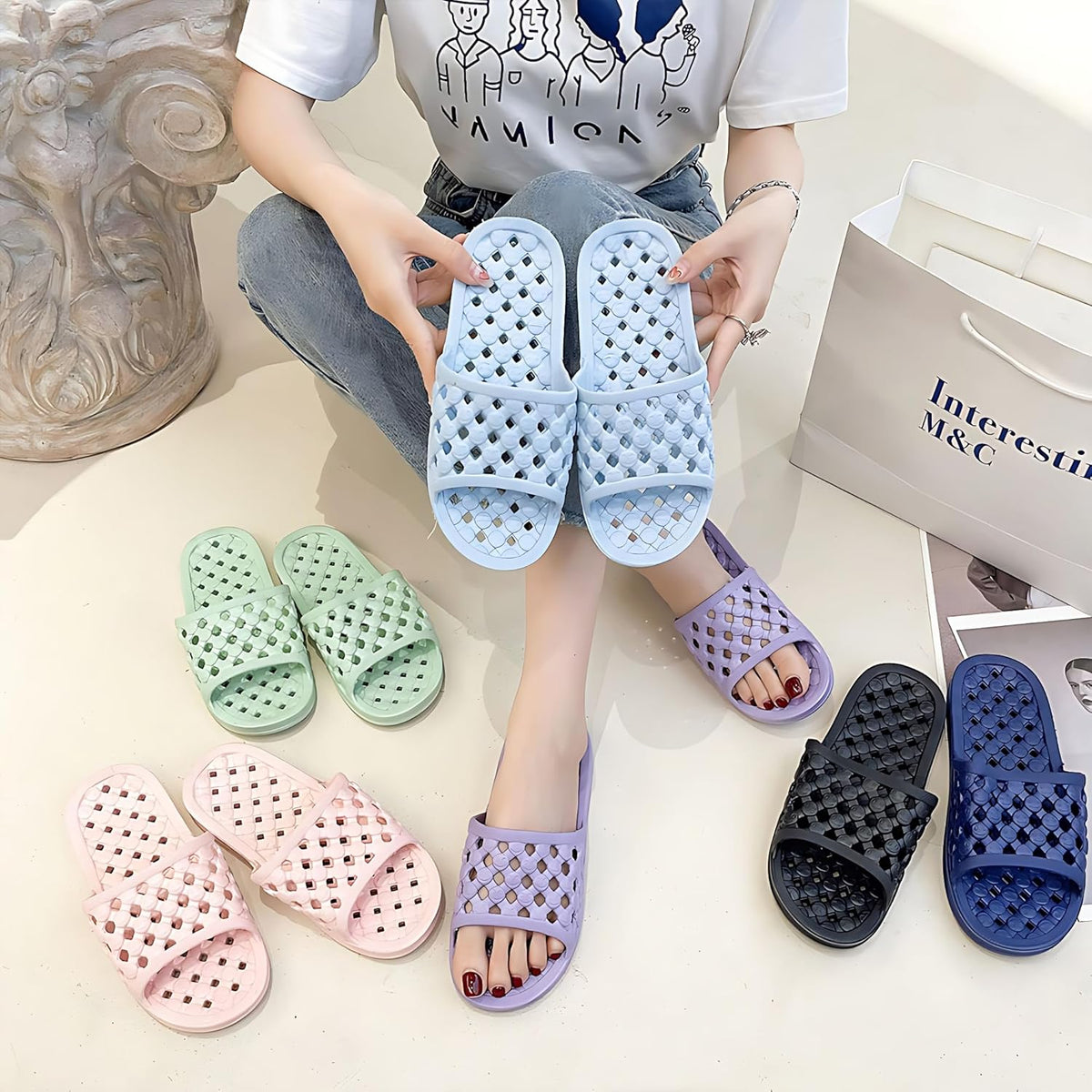 Shower Shoes Quick Drying Slippers for Women Men, Non Slip House Shoes Cushioned Thick Sole Bathroom Slippers Indoor Outdoor Soft Platform Sandals for Living Room College Dorm Beach SPA Gym Pool