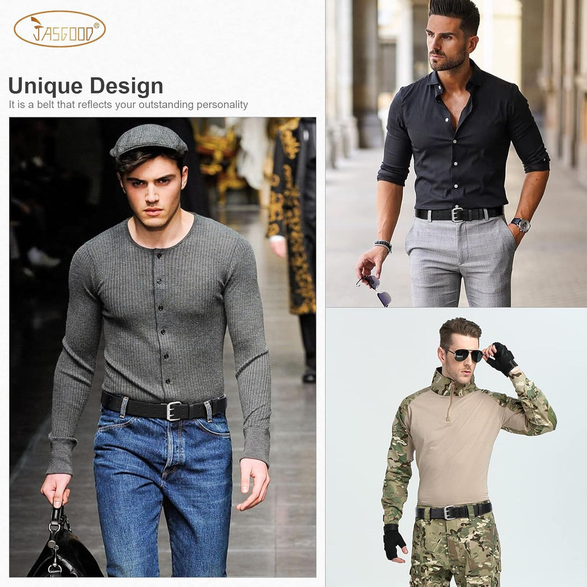 Men Double Prong PU Leather Belt Casual Work Heavy Duty Belt Double Grommet Holes Belt for Jeans