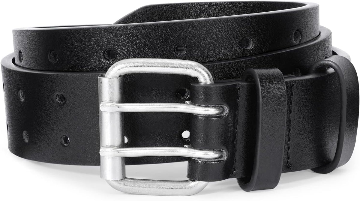Men Double Prong PU Leather Belt Casual Work Heavy Duty Belt Double Grommet Holes Belt for Jeans