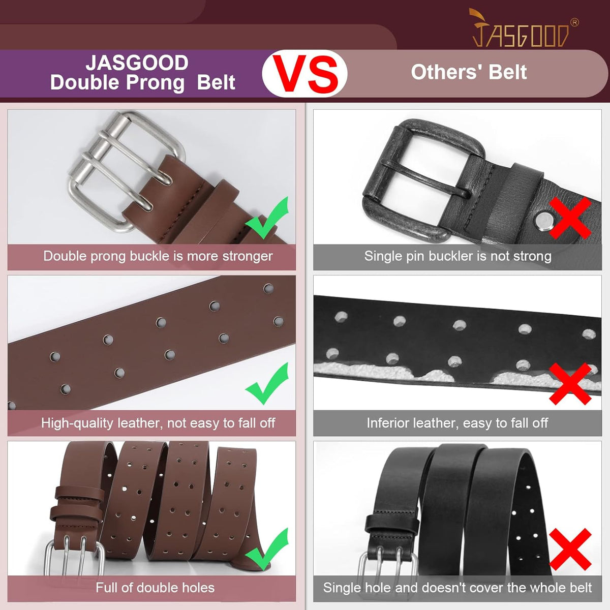 Men Double Prong PU Leather Belt Casual Work Heavy Duty Belt Double Grommet Holes Belt for Jeans