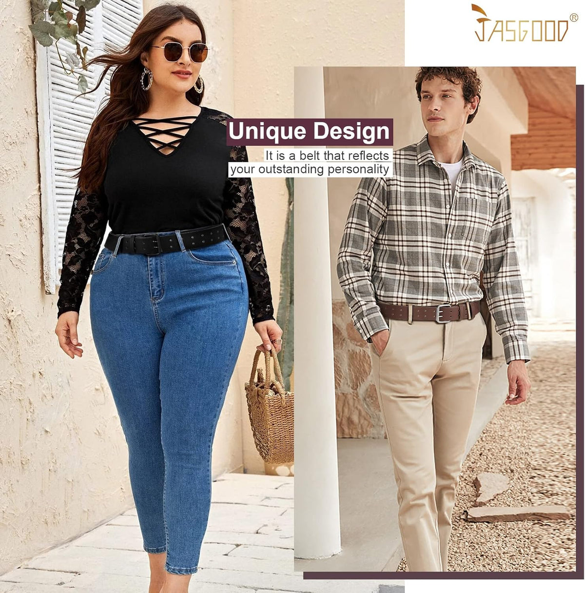 Men Double Prong PU Leather Belt Casual Work Heavy Duty Belt Double Grommet Holes Belt for Jeans