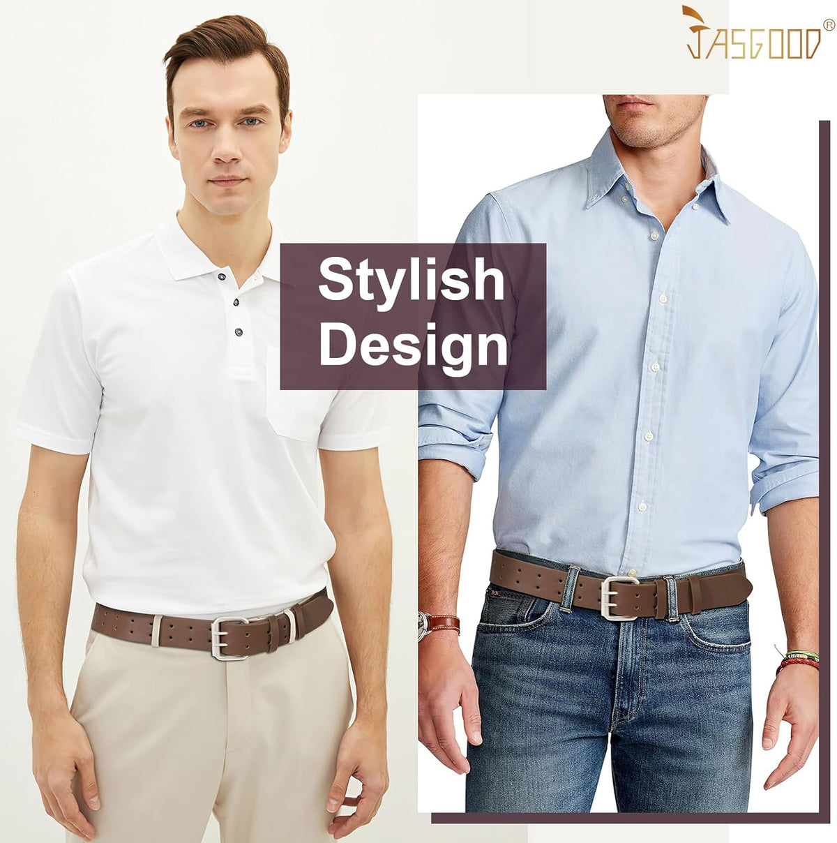 Men Double Prong PU Leather Belt Casual Work Heavy Duty Belt Double Grommet Holes Belt for Jeans