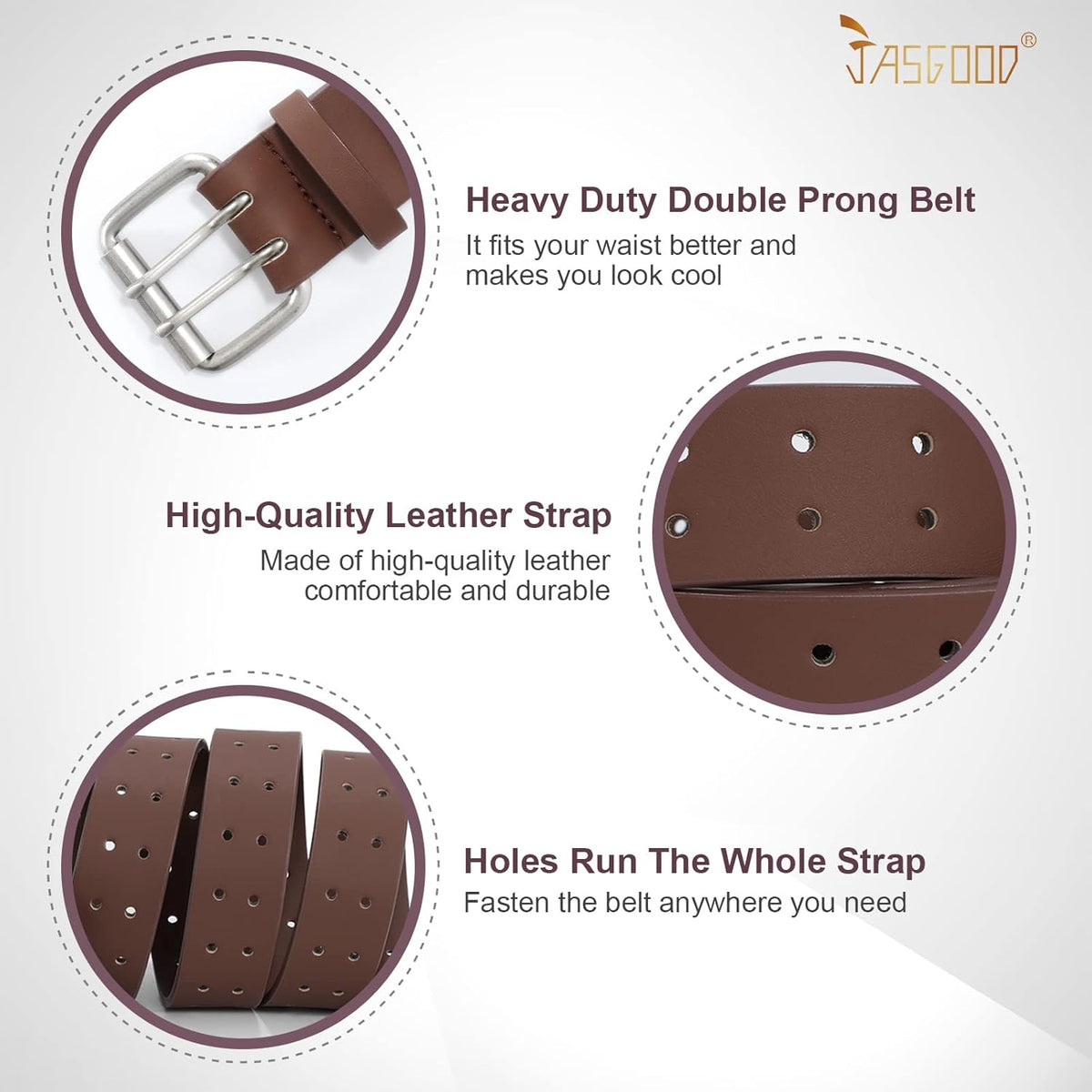 Men Double Prong PU Leather Belt Casual Work Heavy Duty Belt Double Grommet Holes Belt for Jeans